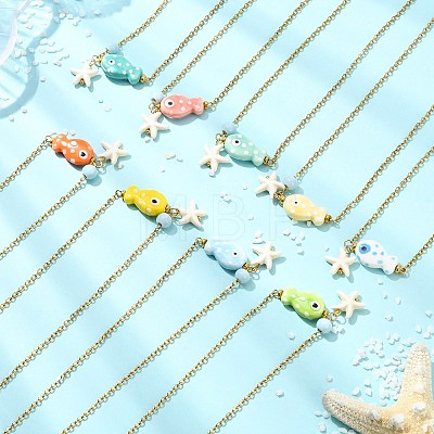 Ocean Synthetic Turquois Starfish & Handmade Porcelain Fish Pendant 304 Stainless Steel Cable Chain Necklaces NJEW-JN06139-1