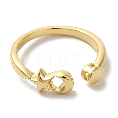 Moon with Star Rack Plating Brass Open Cuff Rings for Women RJEW-L123-102G-1