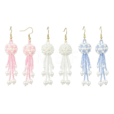 Glass Seed with Glass Pearl Tassel Dangle Earrings EJEW-MZ00727-1