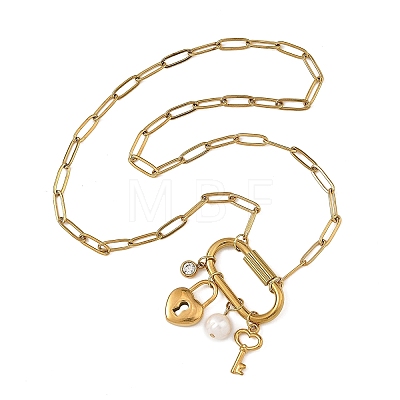 304 Stainless Steel Key & Lock Pendant Paperclip Chain Necklaces with Natural Freshwater Pearl and Screw Clasps NJEW-JN06493-1