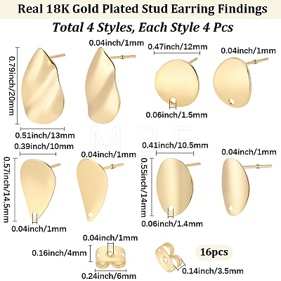16Pcs 4 Styles Brass Stud Earring Findings KK-BBC0027-78-1