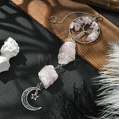 Tree of Life Natural Rose Quartz Pendant Decorations HJEW-JM01855-01-1