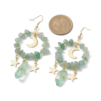 Natural Green Aventurine Chip & Dyed Quartz Crystal Beaded Ring Dangle Earrings EJEW-TA00357-02-1