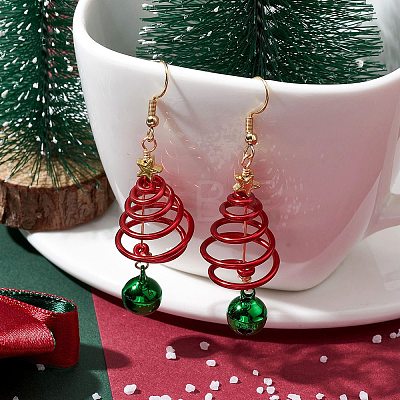 Aluminum Wire Wrapped Christmas Tree Dangle Earrings EJEW-JE05829-02-1