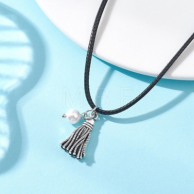 Alloy Tassel with Shell Pearl Pendant Black Waxed Cord Necklaces for Women NJEW-JN05929-1