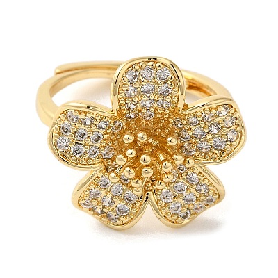 Rack Plating Flower Brass Micro Pave Clear Cubic Zirconia Adjustable Rings RJEW-S413-01G-1