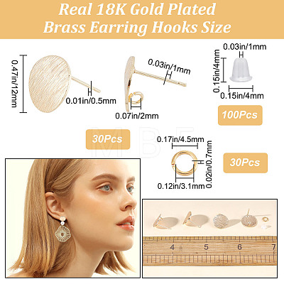 30Pcs Drawbench Flat Round Brass Stud Earring Findings KK-CN0002-37-1