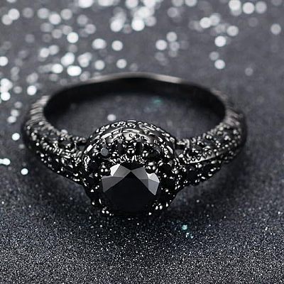 Flat Round Brass Jet Rhinestone Finger Rings FS-WG232E0-02-1