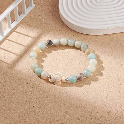 Natural Flower Amazonite & Synthetic Turquoise(Dyed) Tortoise Beaded Stretch Bracelet BJEW-TA00167-1