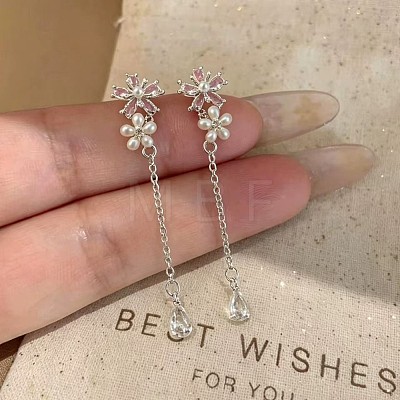 Alloy & Plastic Pearl Double Flower Long Tassel Stud Earrings WGD88DF-01-1