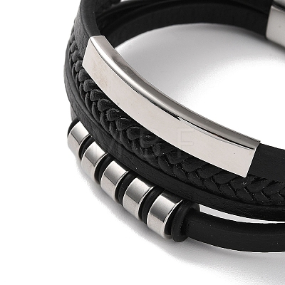 Men's Braided Black PU Leather Cord Multi-Strand Bracelets BJEW-K243-08P-1