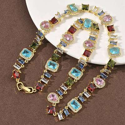 Brass Pave Colorful Cubic Zirconia Rectangle Square Teardrop Tennis Necklaces NJEW-G183-09G-1