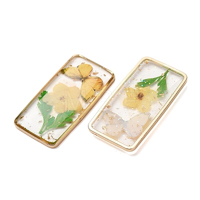 Brass & Transparent Epoxy Resin & Dried Flower Pendants RESI-G133-01G-04-1