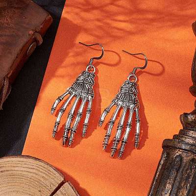 Halloween Themed Skull Hand Dangle Earrings EJEW-JE06070-1