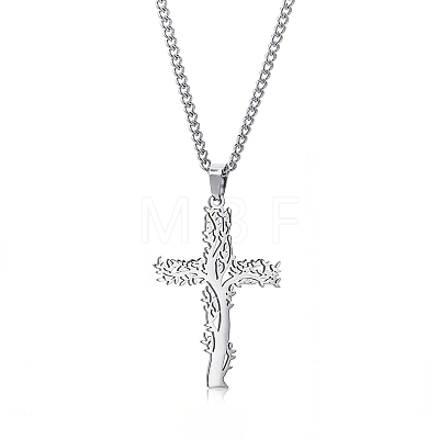 Stainless Steel Tree of Life Cross Pendant Curb Chain Necklaces PW-WGAB092-01-1