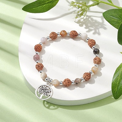 Round Natural Bamboo Leaf Agate & Electroplated Synthetic Non-magnetic Hematite & Natural Rudraksha Beaded Stretch Bracelets BJEW-JB10661-1