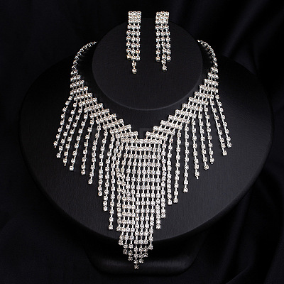 Alloy Crystal Rhinestone Chain Necklaces & Stud Dangle Earrings Sets FS-WG4CE3B-08-1