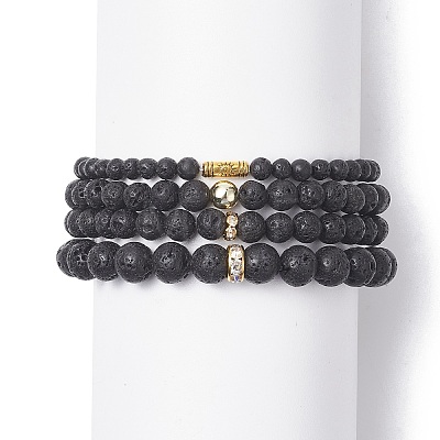 4Pcs 4 Style Column & Round & Flat Round Alloy & Natural Lava Rock & Synthetic Hematite Beaded Stretch Bracelets Set for Women BJEW-JB09366-1