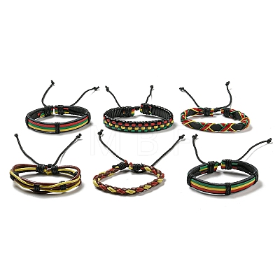 6Pcs 6 Style Adjustable Braided Imitation Leather Cord Bracelet Set with Waxed Cord for Men BJEW-F458-08-1