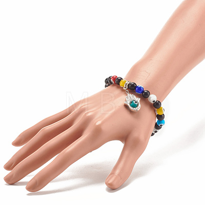 Synthetic Turquoise(Dyed) & Lampwork Evil Eye Round Beaded Stretch Bracelet with Hamsa Hand Charm for Women BJEW-JB07836-1