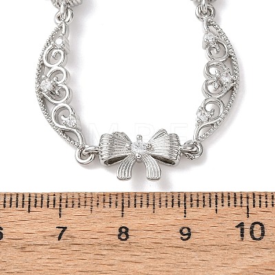 Brass Pave Clear Cubic Zirconia Bowknot and Hollow Moon Link Chain Necklaces NJEW-D348-02P-1