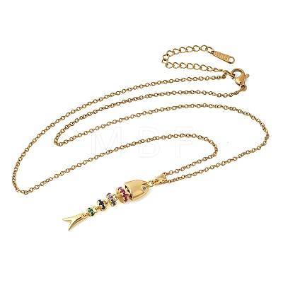 201 Stainless Steel Pave Colorful Cubic Zirconia Fish Bone Pendant Necklaces for Women NJEW-C111-02B-G-1
