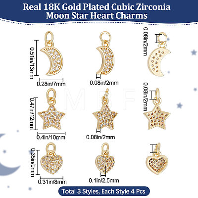 12Pcs 3 Style Brass Micro Pave Clear Cubic Zirconia Charms KK-BBC0007-24-1