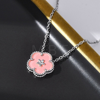 304 Stainless Steel Pink Enamel 5-Petal Flower Pendant Necklaces for Women NJEW-U032-17P-02-1