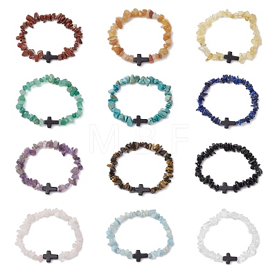 12Pcs Natural & Synthetic Gemstone Chips Stretch Bracelets For Women Men BJEW-JB11341-1