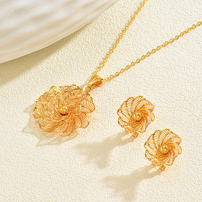 Vintage Brass Flower Stud Earrings & Pendant Necklaces Sets for Women LO1631-1
