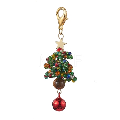 Christmas Tree Glass Seed Beads & Natural Tiger Eye Pendant Decorations HJEW-MZ00075-02-1