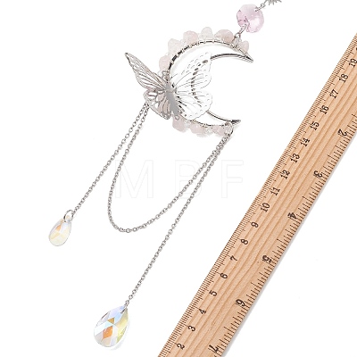 Natural Rose Quartz Chips & Brass Moon & 304 Stainless Steel Butterfly Suncatcher HJEW-TA00449-03-1