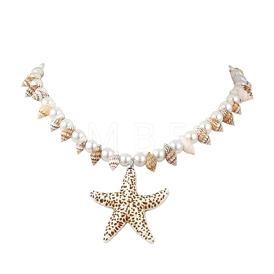 Ocean Natuarl Spiral Shell & Baking Paint Glass Pearl Round Beaded Opaque Acrylic Pendant Necklaces NJEW-JN06306-01-1
