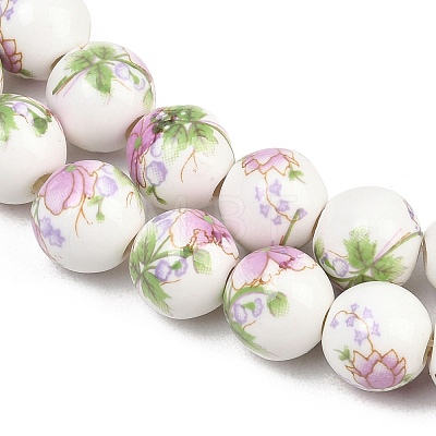 Handmade Flower Printed Porcelain Ceramic Beads Strands PORC-M007-10mm-07-1