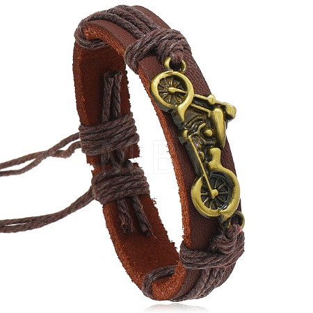 Motorbike Alloy & Cowhide & Jute Cord Braided Bracelets for Men FS-WG31926-02-1