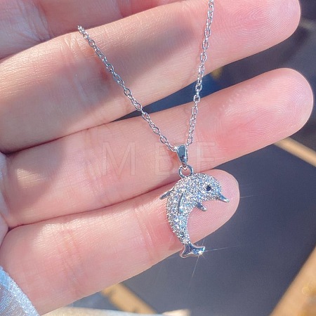 Summer Beach Alloy Crystal Rhinestone Dolphin Pendant Necklaces for Women WGD6FD6-01-1