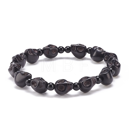 Natural Mashan Jade Skull & Synthetic Turquoise(Dyed) Beaded Stretch Bracelet BJEW-JB08377-03-1