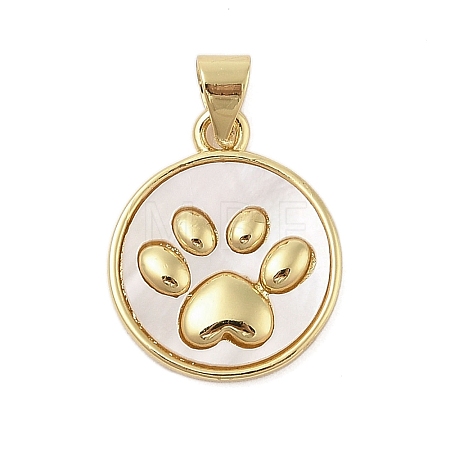 Dog Paw Print Rack Plating Brass with Natural Shells Pendants KK-Z074-25G-1