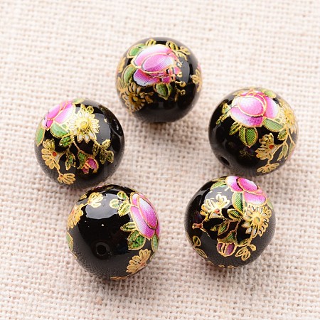 Flower Picture Printed Glass Round Beads GLAA-J087-12mm-A09-1