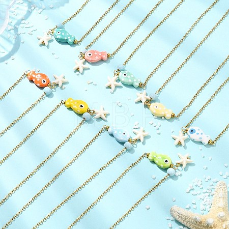 Ocean Synthetic Turquois Starfish & Handmade Porcelain Fish Pendant 304 Stainless Steel Cable Chain Necklaces NJEW-JN06139-1