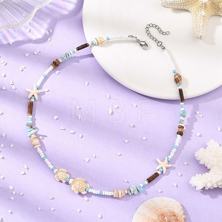Ocean Starfish Turtle Synthetic Turquoise and Seed Beads Beaded Necklaces for Women NJEW-JN06661-1