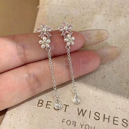 Alloy & Plastic Pearl Double Flower Long Tassel Stud Earrings WGD88DF-01-1