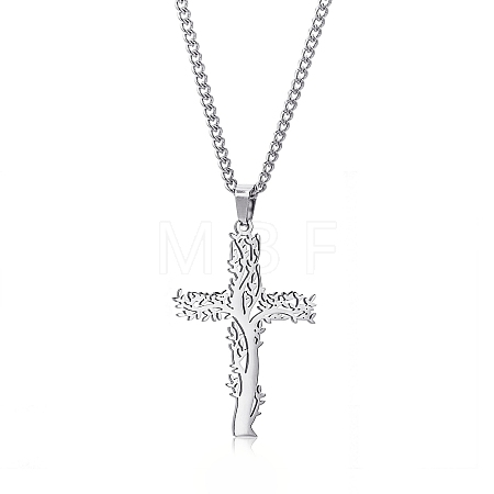 Stainless Steel Tree of Life Cross Pendant Curb Chain Necklaces PW-WGAB092-01-1