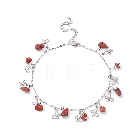 Natural Red Jasper Chips & Butterfly Charms Anklet AJEW-AN00512-07-1