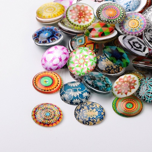 Mosaic Printed Glass Half Round/Dome Cabochons GGLA-N004-14mm-G-1