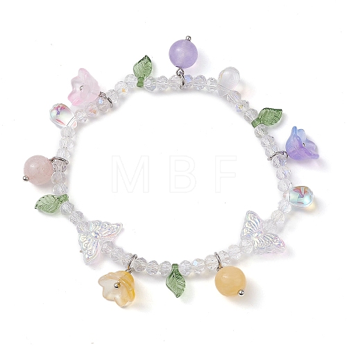 Dyed Natural Mixed Stone & Glass Beaded Stretch Bracelet with Flower Charms BJEW-JB10176-04-1