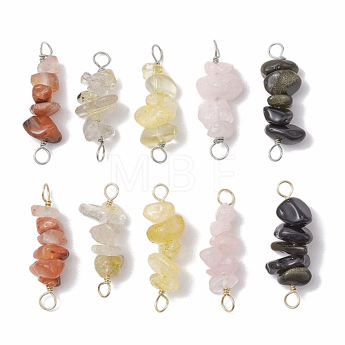 10Pcs 5 Styles Constellation Natural Gold Rutilated Quartz & South Red Agate & Citrine & Golden Sheen Obsidian & Rose Quartz Copper Wire Wrapped Chip Beaded Connector Charms PALLOY-JF02905-06-1