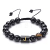 10MM Natural Black Onyx(Dyed & Heated) and Tiger Eye Alphabet Round Braided Bead Adjustable Bracelets for Women DM6424-10-1