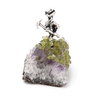 Natural Peridot Cluster & Alloy Miner Model Ornament DJEW-D002-07AS-01-1