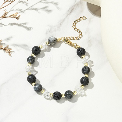 Natural Lava Rock & Larvikite & Quartz Crystal Beaded Bracelets for Women BJEW-JB13900-1